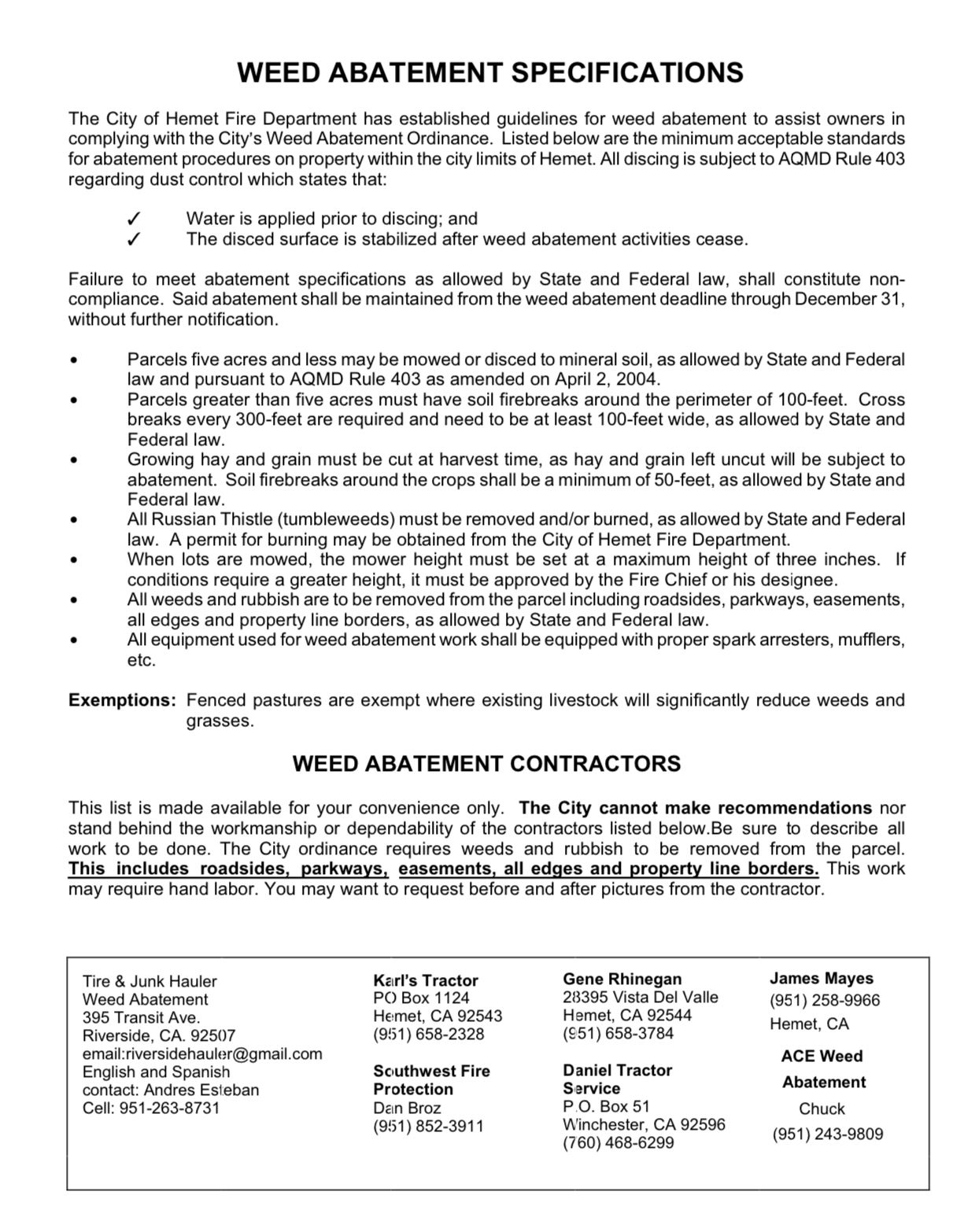 Weed Abatement Specs